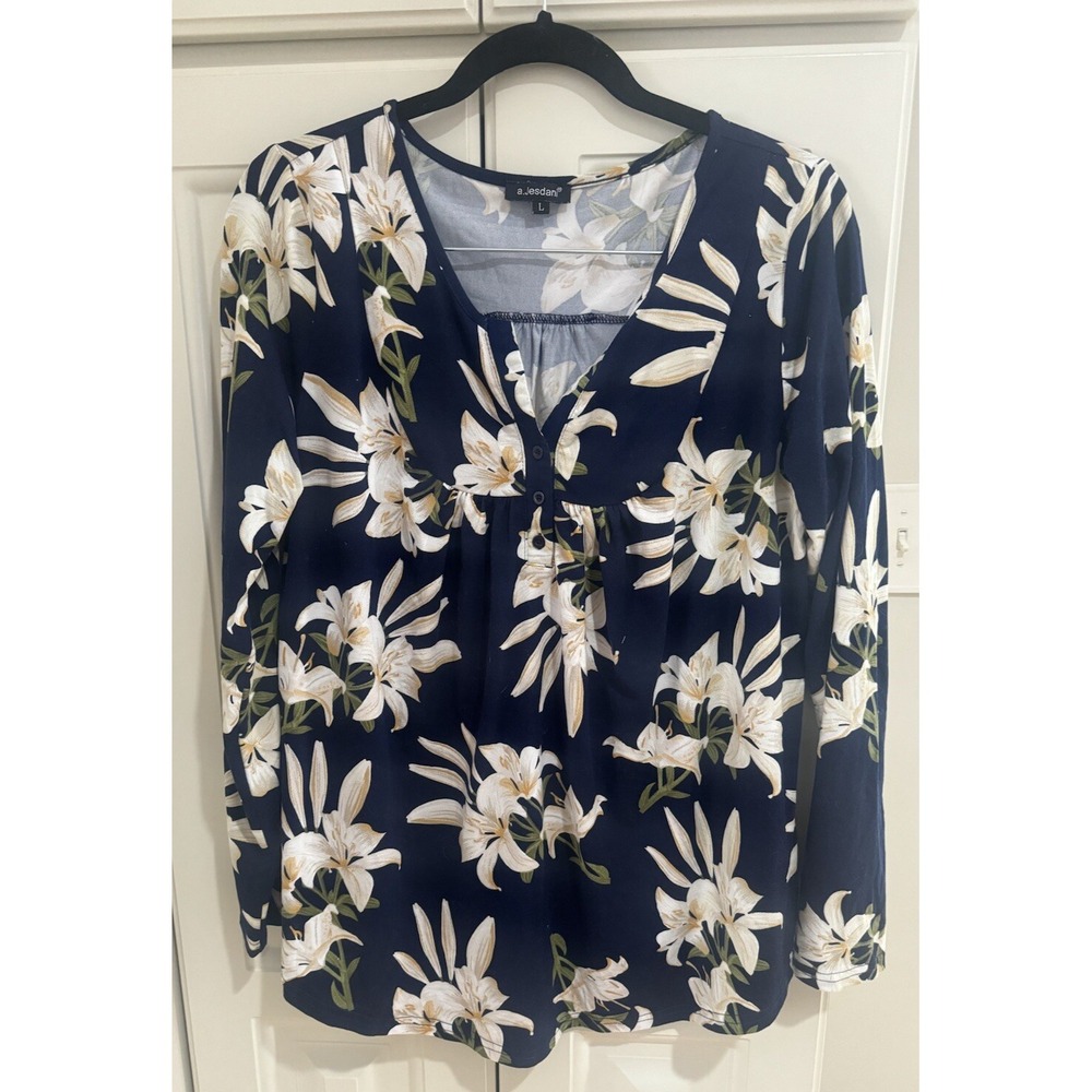 a.Jesdani Tunic Top Long Sleeve Casual Floral Printed Henley V Neck Size Large